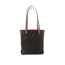 Load image into Gallery viewer, olive green waxed canvas tote bag with leather handles