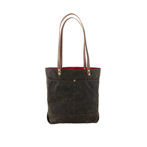 olive green waxed canvas tote bag with leather handles