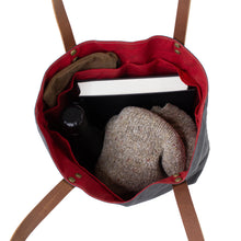 Load image into Gallery viewer, open wax cotton tote with red lining and pockets