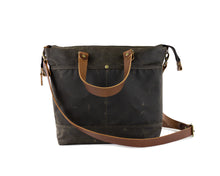 Load image into Gallery viewer, olive green wax canvas bag with leather strap