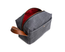 Load image into Gallery viewer, open men's gray travel dopp kit with red lining