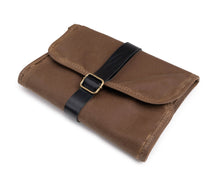 Load image into Gallery viewer, waxed canvas pencil roll with black leather strap