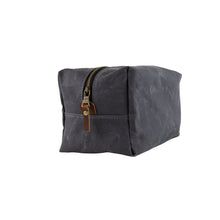 Load image into Gallery viewer, gray waxed canvas dopp kit with vegetable leather accents - side view
