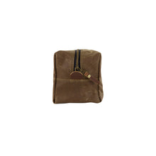 Load image into Gallery viewer, small waxed canvas dopp kit with vegetable tanned leather accents in tan - front view
