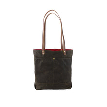 Load image into Gallery viewer, olive green waxed canvas tote bag with leather handles
