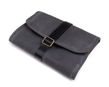 Load image into Gallery viewer, small gray pen roll with black leather strap
