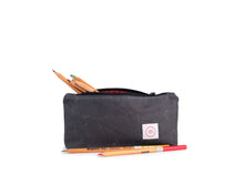 Load image into Gallery viewer, gray waxed canvas pencil case with coloured pencils
