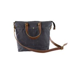 Load image into Gallery viewer, gray waxed canvas crossbody bag with vegetable leather details and straps
