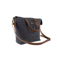 Load image into Gallery viewer, gray waxed canvas crossbody tote with vegetable leather details and straps - side view

