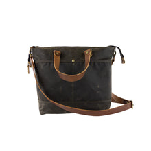 Load image into Gallery viewer, olive green waxed canvas crossbody purse with vegetable leather details and straps
