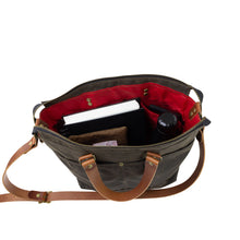 Load image into Gallery viewer, open bag with red lining and notebook and water bottle inside
