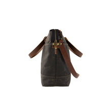 Load image into Gallery viewer, olive green waxed canvas crossbody bag with vegetable leather details and straps - side view
