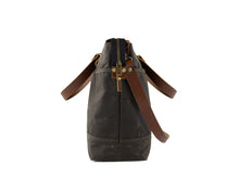Load image into Gallery viewer, side view and details of waxed canvas shoulder bag
