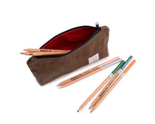 Load image into Gallery viewer, open tan waxed canvas pencil pouch with coloured pencils
