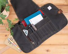 Load image into Gallery viewer, small roll up waxed canvas pencil case
