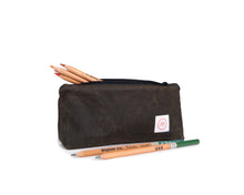 Load image into Gallery viewer, olive green waxed canvas pencil pouch with coloured pencils
